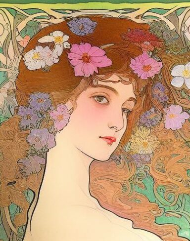 A painting of a woman with flowers in her hair