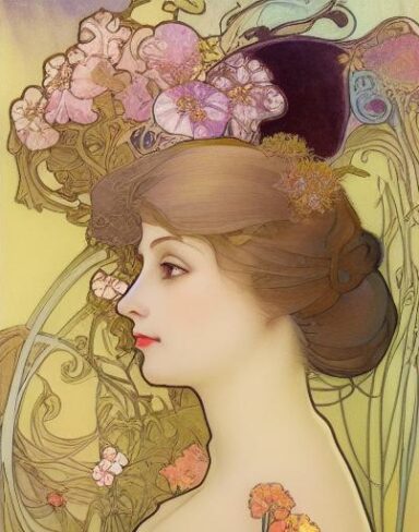 A painting of a woman with flowers in her hair