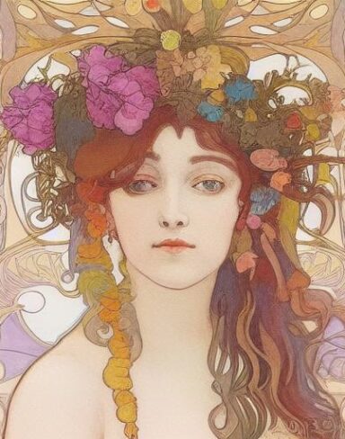 A painting of a woman with flowers in her hair