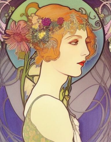A painting of a woman with flowers in her hair