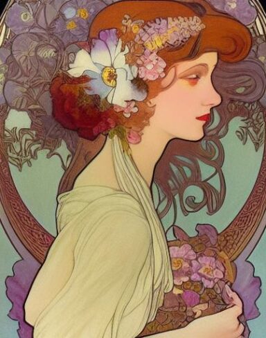 A painting of a woman with flowers in her hair