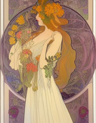 A painting of a woman with flowers in her long hair
