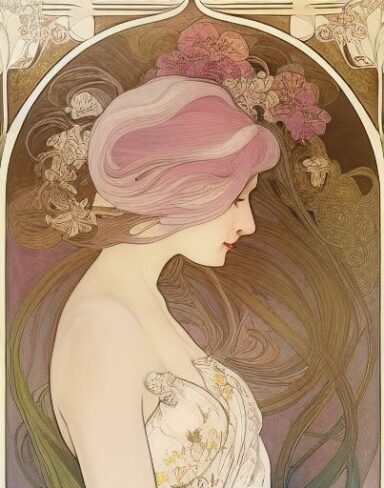 A painting of a woman with flowers in her white hair