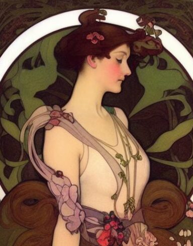 A painting of a woman with ribbon and flower in her hair