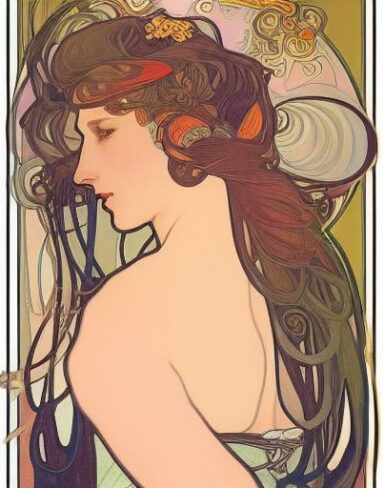 A painting of a woman with ribbon in her hair