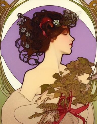 A painting of a woman with ribbon in her hair