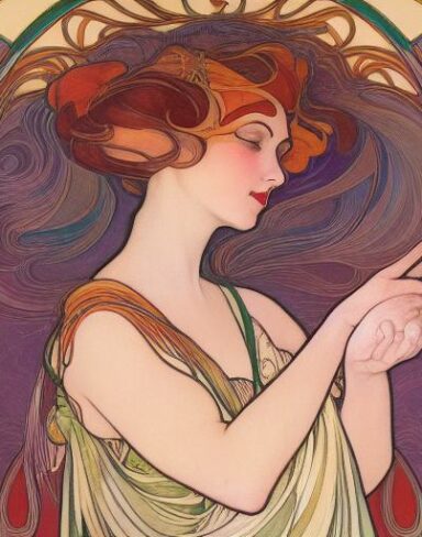 A painting of a woman with ribbon in her hair