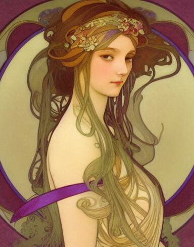 A painting of a woman with ribbon in her hair