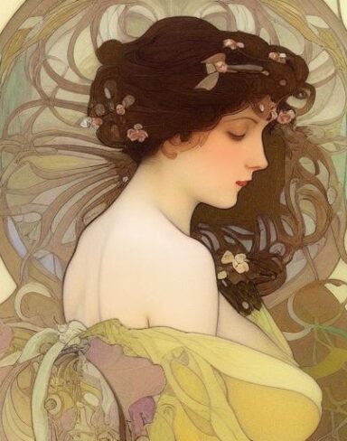 A painting of a woman with ribbon in her hair