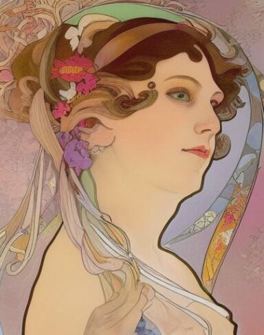 A painting of a woman with ribbon in her hair