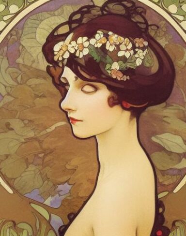 A painting of a woman with ribbon in her hair