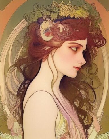 A painting of a woman with ribbons in her hair