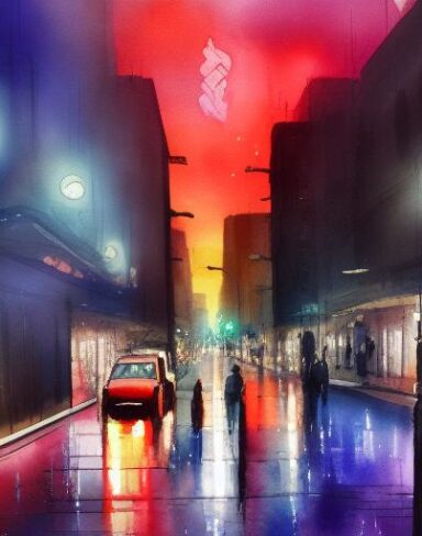 A painting of city street with lights
