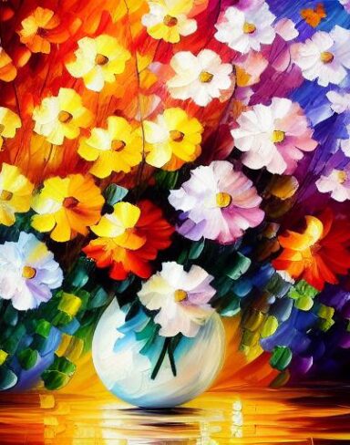 A painting of eye catching floral in a vase on a table