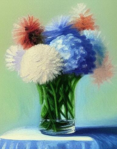 A painting of flowers in a blue vase