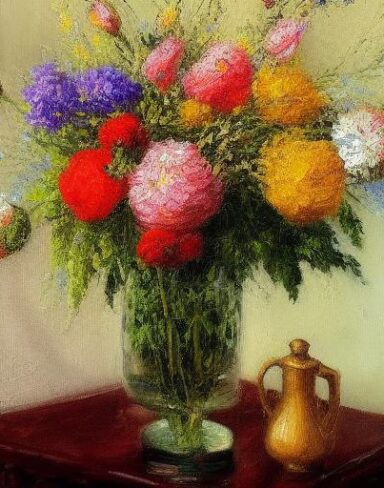 A painting of flowers in a vase on a table