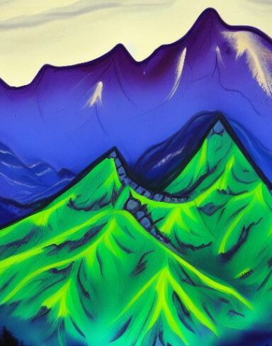 A painting of mountain and trees with a mountain