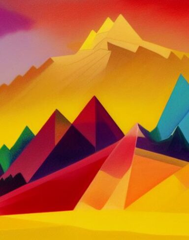 A painting of mountain with rainbow in the background