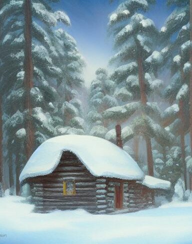 A painting of one cabin in a snowy forest