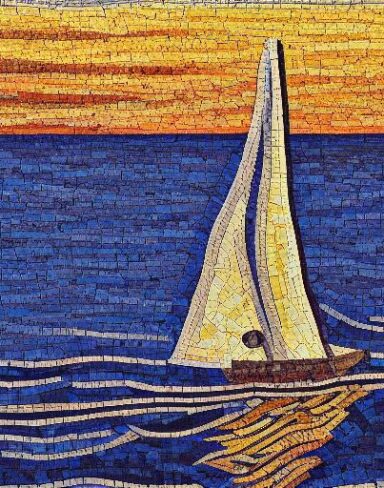 A painting of one sailboat on the water