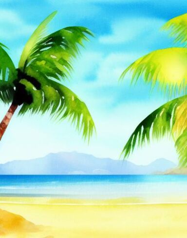 A painting of palm tree and a beach