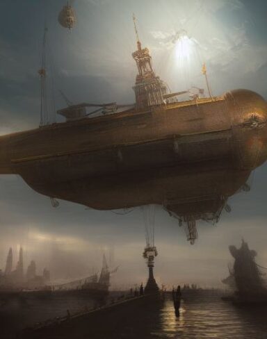 A painting of people and a giant ship