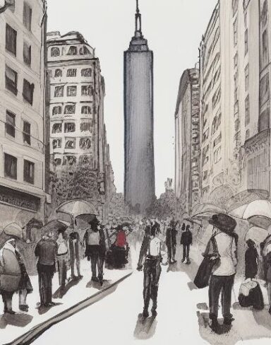 A painting of people in street