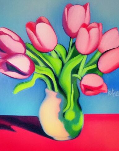 A painting of pink tulips in one vase