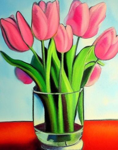 A painting of pink tulips in the vase