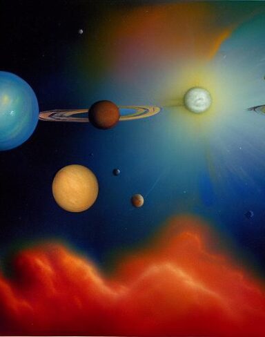 A painting of planets in galaxy space