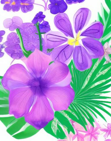 A painting of purple flowers on a white background