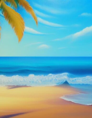 A painting of sea and beach in a sunny day