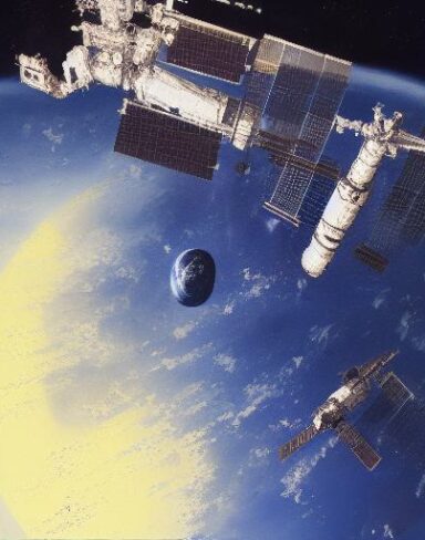 A painting of several space station with a moon in the background