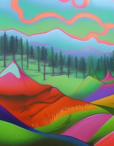 A painting of some animals in a field