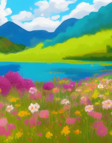 A painting of some flowers near a lake