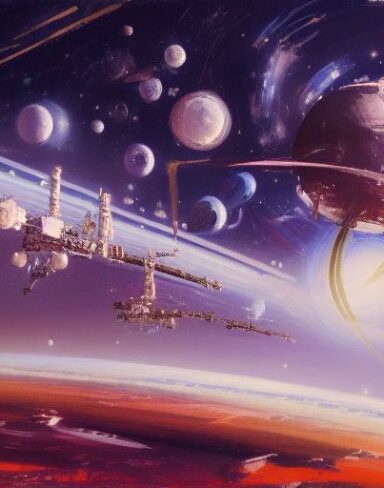 A painting of space station with stars and planets in the background