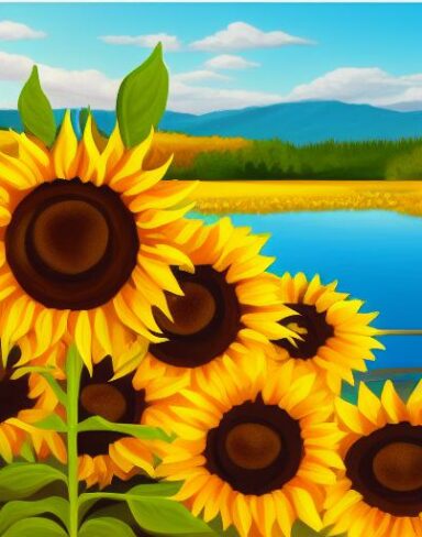 A painting of sunflowers with a lake
