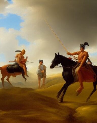 A painting of two man riding on two horse on the hill