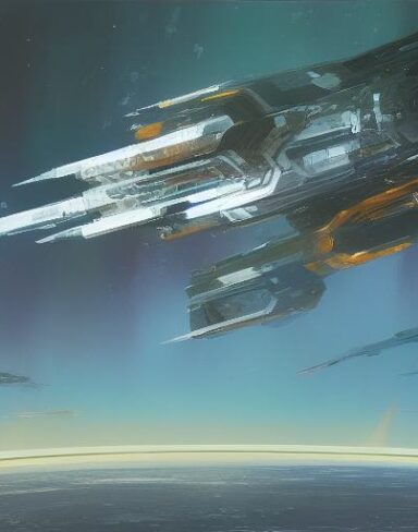 A painting of two space ships in the space in the background