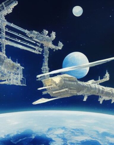 A painting of two space station with a moon in the background
