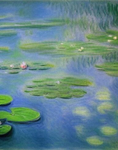 A painting of water lilies in a pond of water
