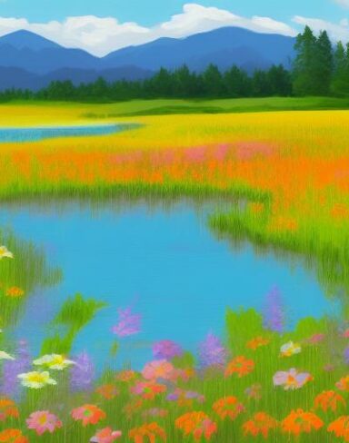 A painting of wildflowers near a lake