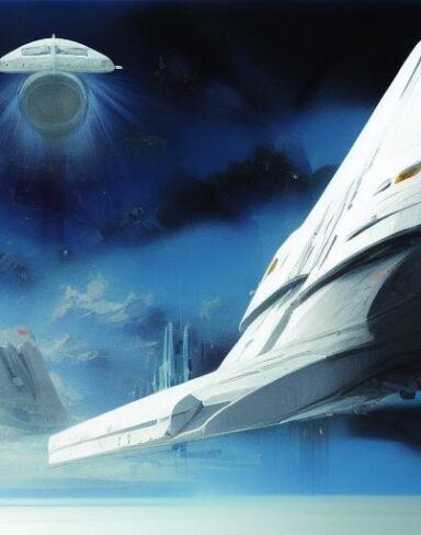A painting of with a white space ship in the space in the background
