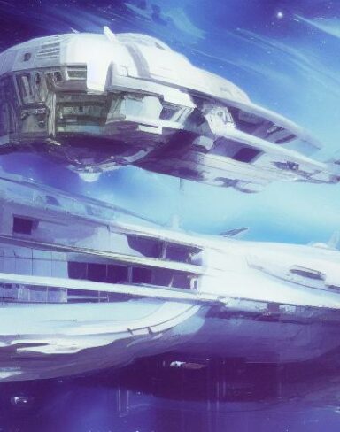A painting of with a white space ship in the space in the background