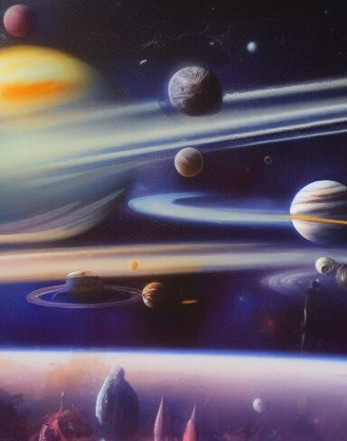 A painting of with planets and space ships in the background