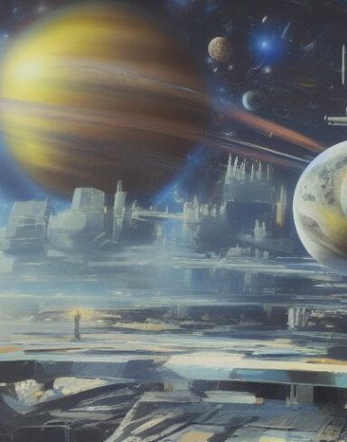 A painting of with planets in the space in the background