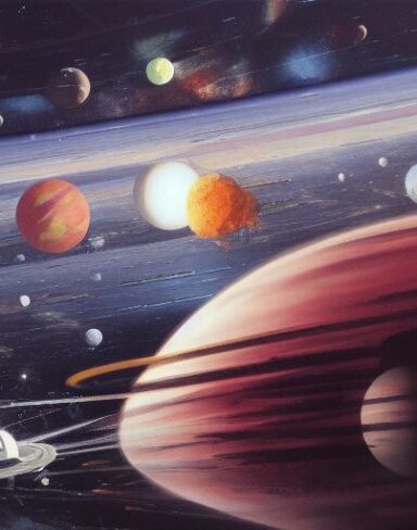 A painting of with planets in the space in the background