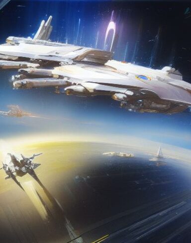 A painting of with space ships riding in the space in the background