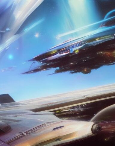 A painting of with space ships riding in the space in the background