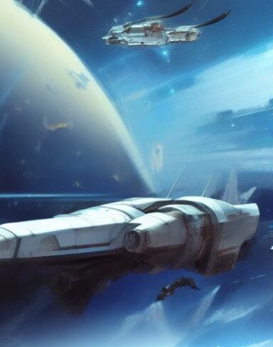 A painting of with space ships riding in the space in the background